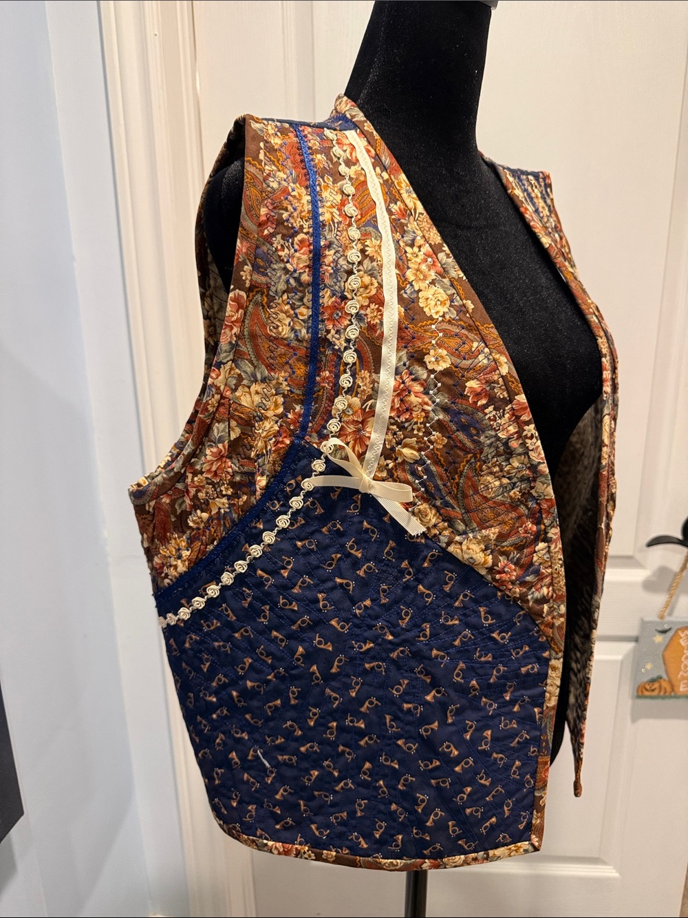 Reversible Boho Patchwork Open Vest in Navy and Brown